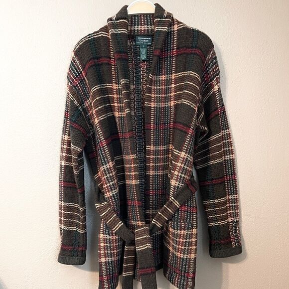 Lauren Ralph Lauren Hand Knit Lambswool Brown Plaid Tie Waist Cardigan Size S - Picture 1 of 6